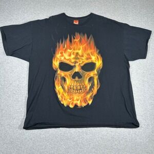 Vintage Skull T Shirt Men's 3XL Black Happy Halloween Graphic‎ Tee Flaming Y2K